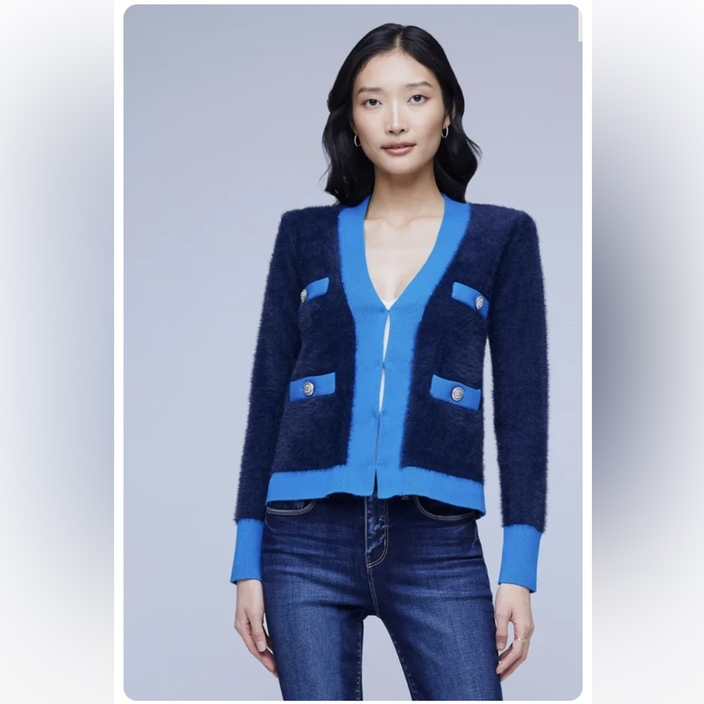 NWT - L’Agence Kai Pocket Fuzzy Blue Contrast Knit Cardigan in Small